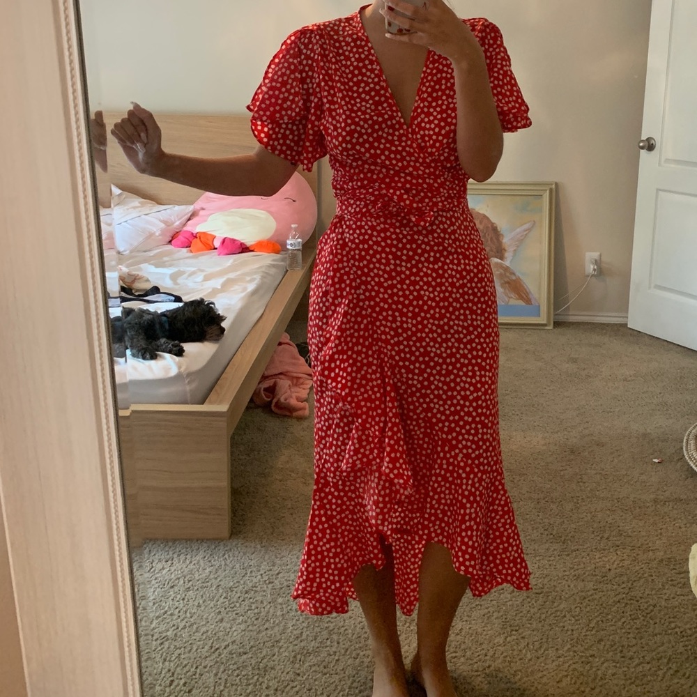 Red floral wrap dress